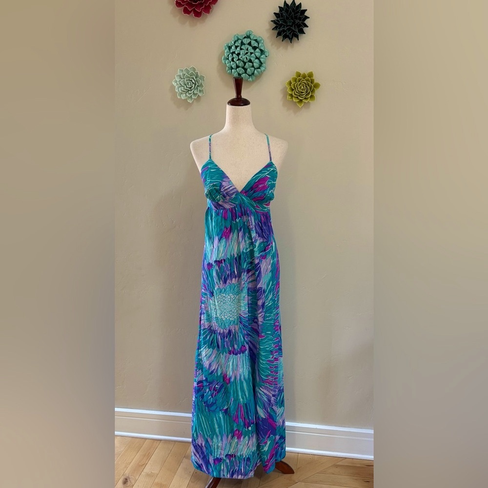 Stunning Alice & Trixie 100% silk Multicolor Tropical Resort Maxi Dress M